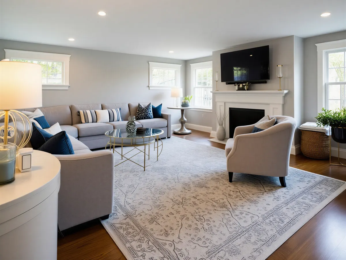 Two over stuffed couchs and and an easy chair arranged for pleasant conversations and visiting with one another,
                well lit and completed with a classic fireplace flanked by full windows on either side.